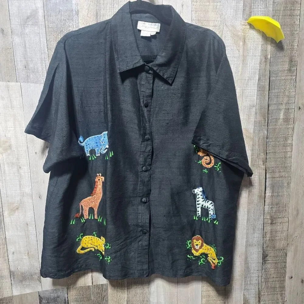 Casey Coleman Vintage 90s Silk Safari Animla Textured McBling Button Up Shirt 3x